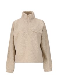 Beiger Fleece-Pullover mit hohem Kragen, halbseitigem Reißverschluss vorne und einer Brusttasche. Verfügt über eine strukturierte, weiche Oberfläche und elastische Bündchen.