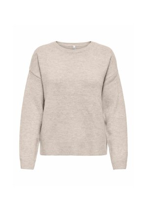 Pull en maille beige clair à manches longues, col rond et poignets ainsi qu'ourlet côtelés, présenté sur fond blanc.