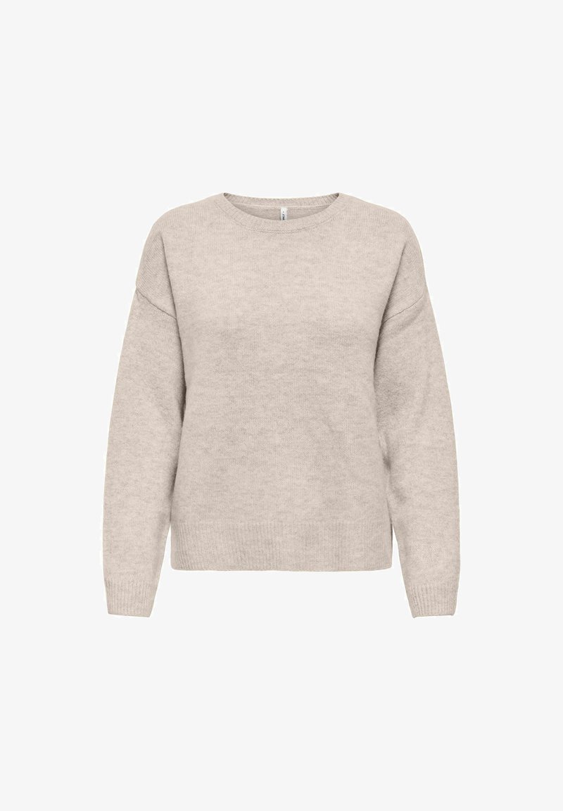 Pull en maille beige clair à manches longues, col rond et poignets ainsi qu'ourlet côtelés, présenté sur fond blanc.