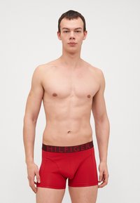Boxer-briefs rouges avec une ceinture noire sur laquelle est inscrit "HILFIGER" en lettres majuscules. Le tissu semble lisse, s'adaptant snugly autour de la taille et des cuisses.
