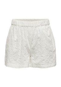 Shorts blancs en tissu texturé avec un motif floral, dotés d'une taille élastique et d'une coupe décontractée.