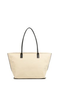 Borsa tote in tela beige con manici e dettagli in pelle nera, forma rettangolare ampia, bordi rinforzati e texture liscia.