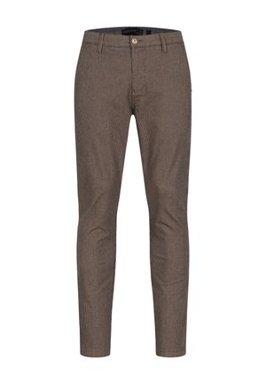 Braune Hahnentritt-Musterhose mit schlanker Passform, ausgestattet mit einem Knopfverschluss, Gürtelschlaufen sowie Vorder- und Hintertaschen.