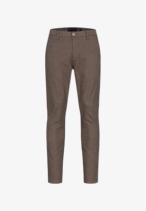 Bruine houndstooth-geprinte broeken met een slim fit, voorzien van een knoopsluiting, riemlussen en voor- en achterzakken.