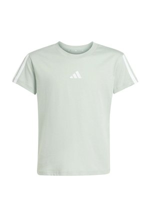 Camiseta Adidas de manga corta de color gris claro con rayas blancas en las mangas y un pequeño logo blanco de Adidas en el pecho.