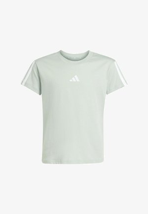 Camiseta Adidas de manga corta de color gris claro con rayas blancas en las mangas y un pequeño logo blanco de Adidas en el pecho.