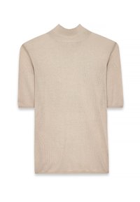 Suéter de cuello alto de manga corta en color beige, fabricado con un suave tejido de punto. Presenta una textura lisa y una silueta ajustada con un cuello alto.