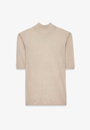 Bež lühikeste varrukatega kõrge kaelusega sweaters, mis on valmistatud pehmest kudumisest. Omab siledat tekstuuri ja on kitsas siluett.