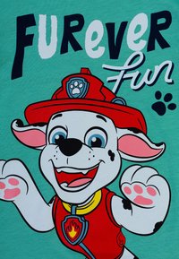 Cane da cartone con un cappello rosso da pompiere, bianco con macchie nere, su una maglietta turchese. Il testo dice "DIVERTIMENTO PER SEMPRE" in lettere grasse bianche e nere.