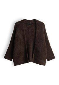 Cardigan a maglia grossa marrone scuro con apertura frontale e maniche lunghe, disteso su uno sfondo bianco.