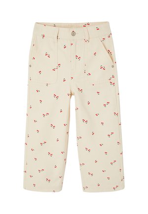 Cremefarbene, kurze Hosen mit Fronttaschen und durchgehendem Muster aus kleinen roten Kirschen.