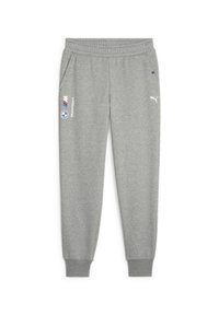 Grå sweatpants i mjukt material, med elastisk midja, sidofickor och tryckta BMW Motorsport- och Puma-logotyper.