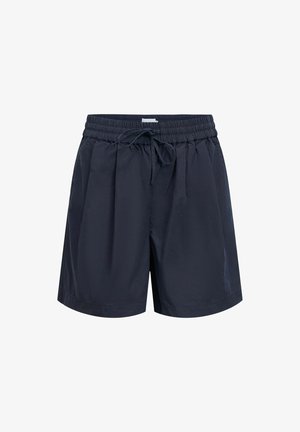 Donkerblauwe korte broek met een elastische tailleband, trekkoord en losse pasvorm, ontworpen voor casual dragen.