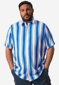 Korte mouwen knoopsluiting overhemd met blauwe en witte verticale strepen, gemaakt van een gladde stof met een relaxte pasvorm en puntige kraag.
