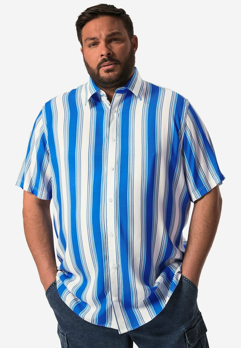 Korte mouwen knoopsluiting overhemd met blauwe en witte verticale strepen, gemaakt van een gladde stof met een relaxte pasvorm en puntige kraag.