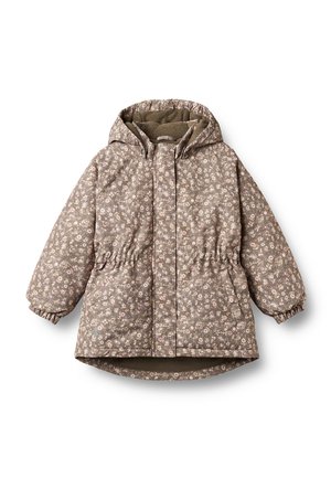 Manteau enfant marron à capuche, taille et poignets élastiques, avec un petit motif floral clair et des poches avant.