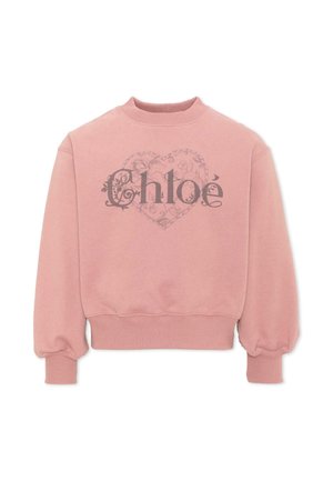 Różowa bluza z długim rękawem ze ściągaczami przy mankietach i na dole, z kwiatowym wzorem w kształcie serca i nadrukiem słowa "Chloé" na piersi.