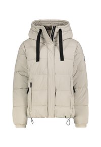 Hellbeige, gepolsterte Winterjacke mit Kapuze, schwarzen Zugbändern, Frontreißverschluss, Seitentaschen und gerippten Bündchen.