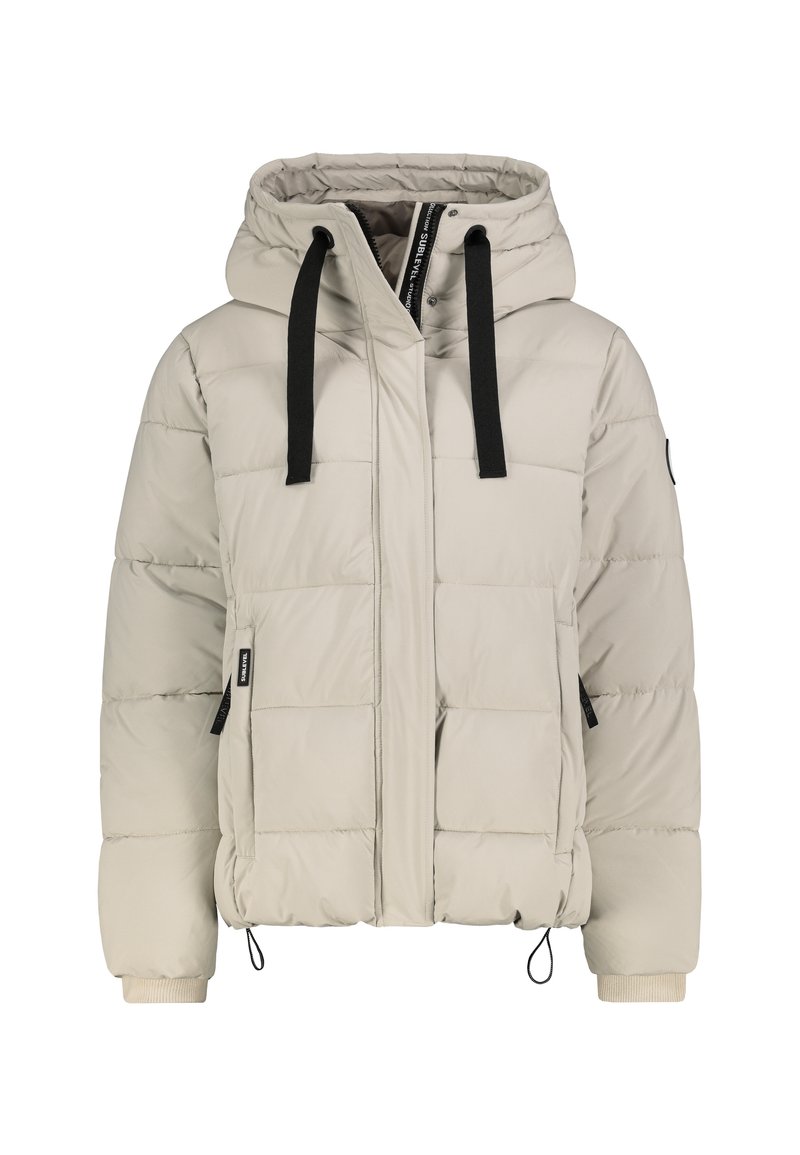 Hellbeige, gepolsterte Winterjacke mit Kapuze, schwarzen Zugbändern, Frontreißverschluss, Seitentaschen und gerippten Bündchen.
