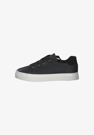 Black leather sneakers with a smooth finish, white rubber sole, and gold-tone metal eyelets. Features flat black laces and minimal branding.