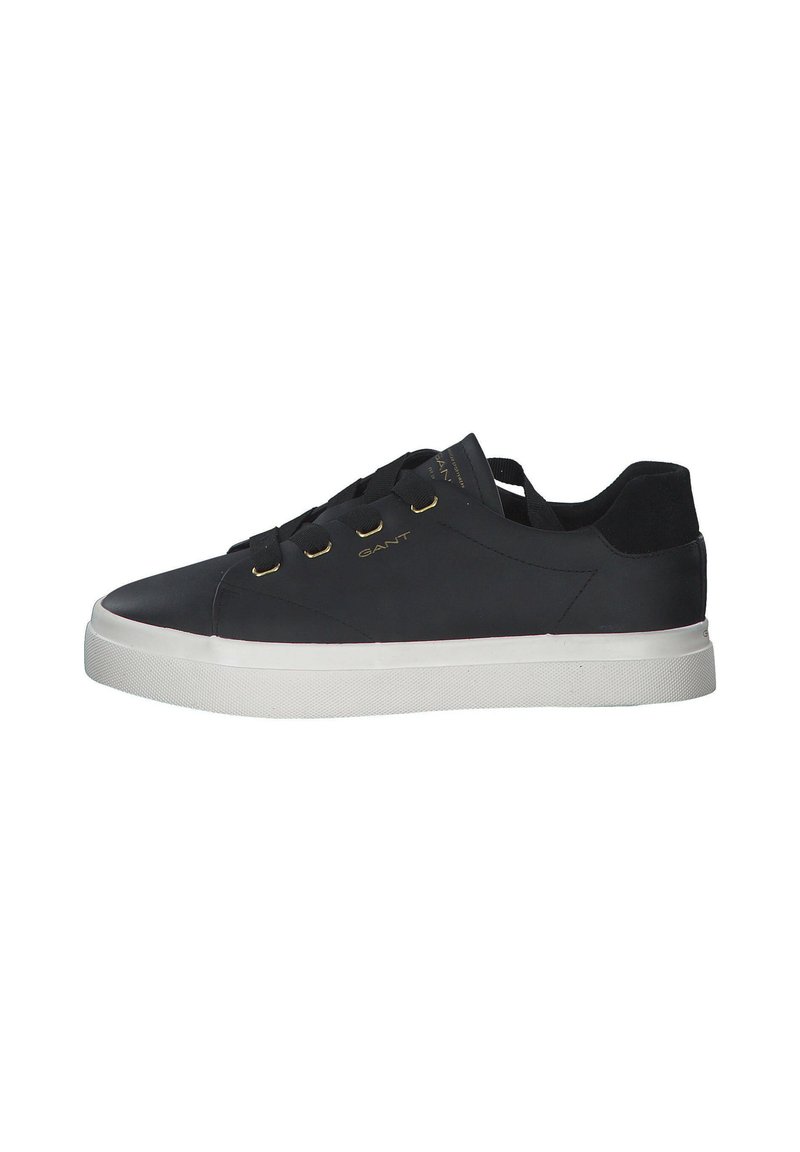 Black leather sneakers with a smooth finish, white rubber sole, and gold-tone metal eyelets. Features flat black laces and minimal branding.