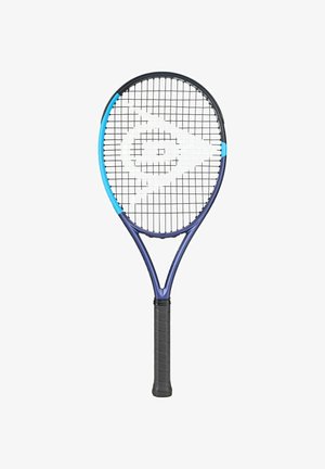 Racchetta da tennis con impugnatura nera, telaio blu navy, accenti azzurri e corde nere con un logo geometrico bianco al centro.