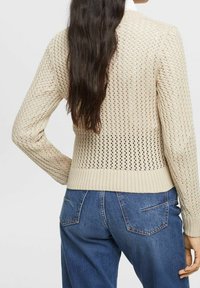Beiger, gestrickter Pullover mit offenem Maschenmuster, Rippbündchen und langen Ärmeln, kombiniert mit blauen Jeans.