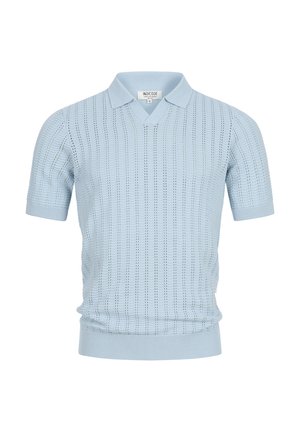 Vaaleansininen, lyhythihainen neulottu poolopaita, jossa on teksturoidut pystysuorat kuviot sekä resorit kauluksessa, hihoissa ja helmassa, koko keskikokoinen.