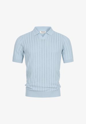 Polo a maglia azzurro chiaro a maniche corte con motivi verticali lavorati a rilievo e colletto, polsini e bordo a coste, taglia media.