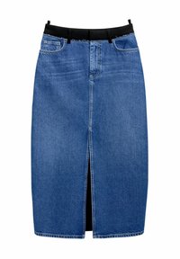Jeanskjol i blått med slits framtill, med svart elastisk midja och två framfickor. Slät struktur, rakt snitt.