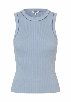 Ribbed, bezrękawnik w jasnoniebieskim kolorze, z wysokim dekoltem i dopasowanym krojem. Wykonany z materiału z teksturowanym splotem dla dodatkowego efektu wizualnego.