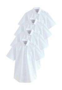 Camisas blancas de manga corta, hechas de algodón, con un cierre frontal abotonado y un bolsillo en el lado izquierdo. Diseño de cuello ordenado con una textura suave.