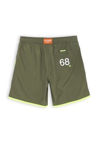 Pantaloni da bagno khaki con cintura elastica, stampa bianca "68", tasca verde e rifinitura gialla fluo lungo l'orlo. Etichetta con logo in vita.