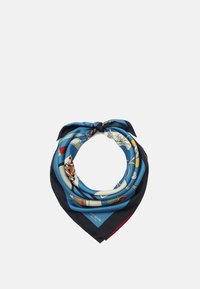 Foulard di seta blu con bordi blu navy, decorato con illustrazioni colorate di oggetti e dettagli. Misura 90 cm x 90 cm.