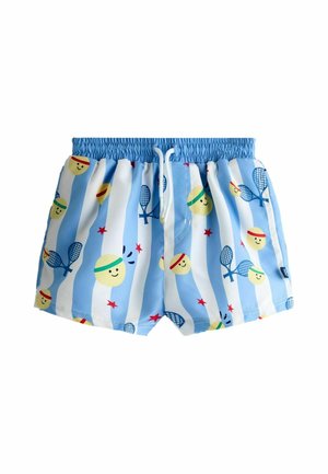 Kinder-Badeshorts mit blauen und weißen vertikalen Streifen, verziert mit lächelnden Tennisbällen, Schlägern, roten Sternen und einem elastischen Bund mit Kordelzug.