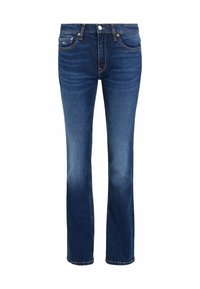 Jeans de denim azul oscuro con un diseño de pierna recta, que cuentan con cinco bolsillos, un cierre de botón y un ligero desvanecimiento en la tela.