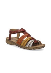 Leather sandals with multiple colored straps in red, orange, yellow, and silver. Open-toe design with a textured, patterned sole.