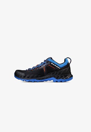 Black and blue outdoor shoes with a textured upper, Vibram sole, orange accents, and a lace-up design for secure fit.