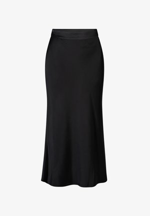 Zwarte, satijnen midi-rok met een gladde textuur, uitlopende vorm en een strakke tailleband. Heeft een zijsplit voor extra bewegingsvrijheid.