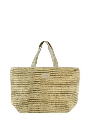 Borsa tote beige intrecciata con manici larghi in tessuto e una etichetta "YES ZEE" al centro davanti.