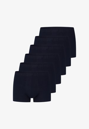 Navy blue cotton boxer shorts in a pack of six, featuring a smooth texture, elastic waistband, and a classic fit.