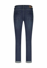 Donkerblauwe jeans met een tapered fit, voorzien van een opgerolde zoom aan de onderkant, twee achterzakken en een leren label op de tailleband.