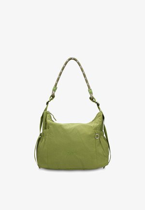 Borsa a tracolla in tessuto verde con motivo a griglia, manico intrecciato, tasche laterali e logo GMV ricamato sul davanti.