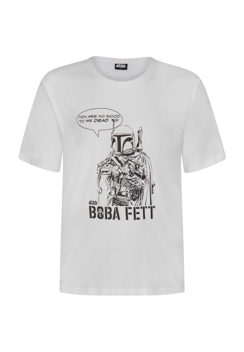T-shirt en coton blanc avec un graphique noir de Boba Fett tenant des armes, avec une bulle de dialogue disant "TU NE VAUX RIEN MORT." Texte en dessous : "BOBA FETT."