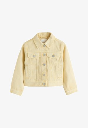 Hellgelbe Denimjacke mit langen Ärmeln, Knopfleiste vorne, zwei Brusttaschen und klassischem Kragen.