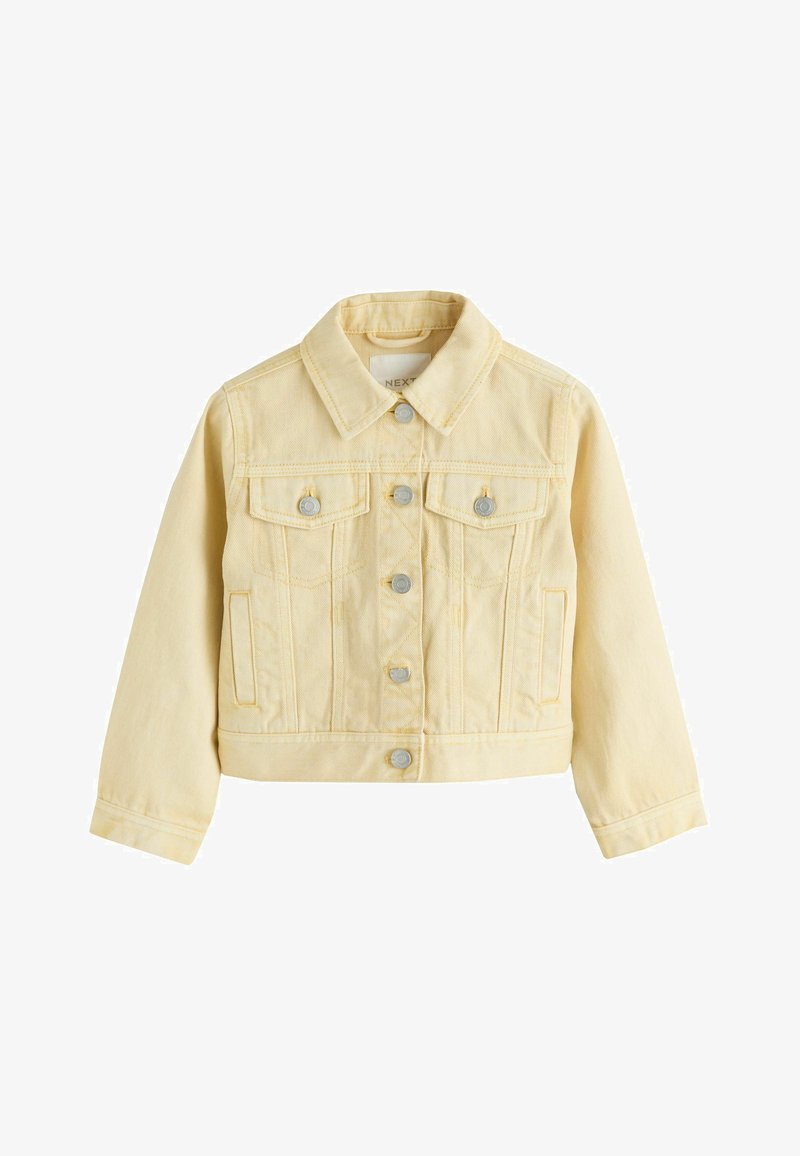 Hellgelbe Denimjacke mit langen Ärmeln, Knopfleiste vorne, zwei Brusttaschen und klassischem Kragen.