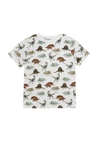 Kortærmet T-shirt i hvid bomuld med et dinosaurmønster i grønne, brune nuancer og subtile detaljer, der viser forskellige dinosaurarter.