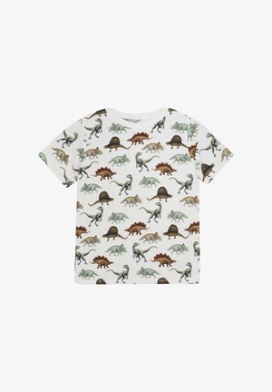Korte mouw T-shirt van witte katoen met een dinosaurussenpatroon in groen-, bruine en subtiele details, met verschillende dinosaurusspecies verspreid over het shirt.