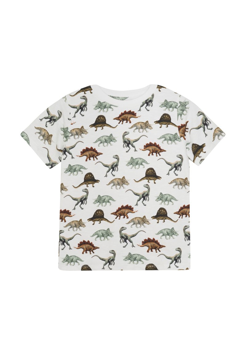 Kortærmet T-shirt i hvid bomuld med et dinosaurmønster i grønne, brune nuancer og subtile detaljer, der viser forskellige dinosaurarter.