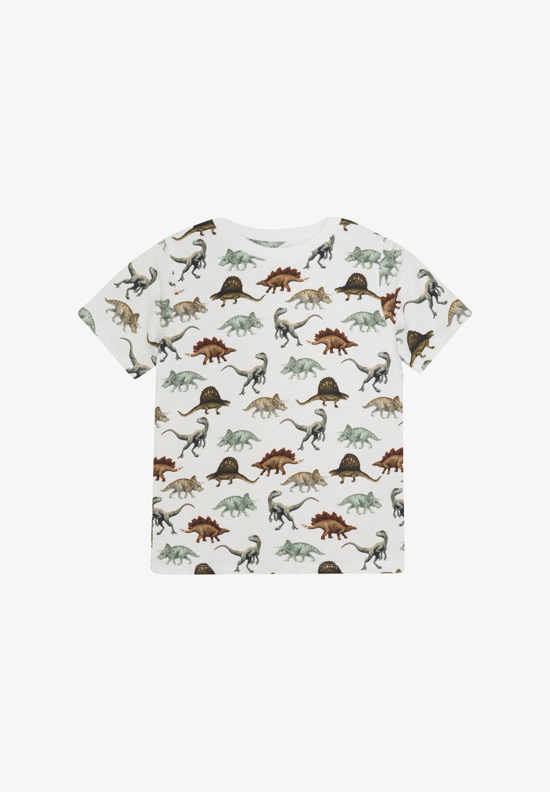 Kortærmet T-shirt i hvid bomuld med et dinosaurmønster i grønne, brune nuancer og subtile detaljer, der viser forskellige dinosaurarter.